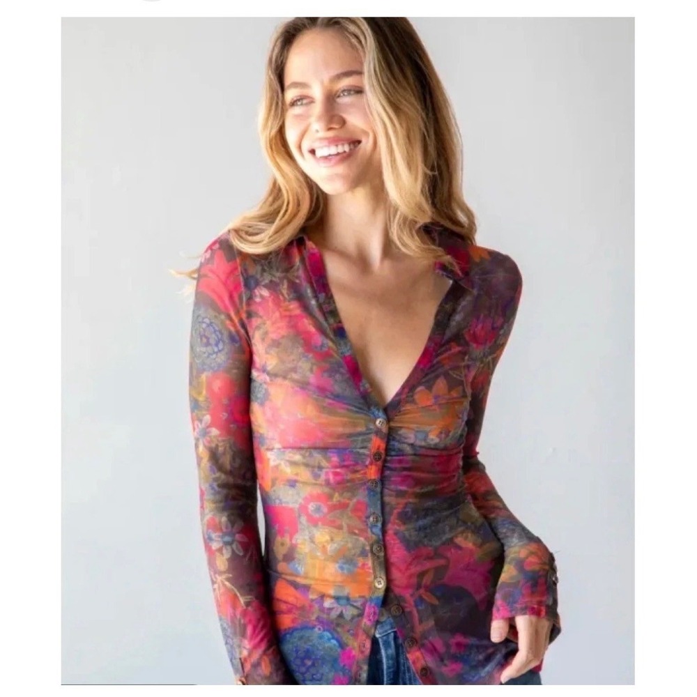 Natural Life Carina Sheer Mesh Floral Button Up Top XL Boho Cottagecore